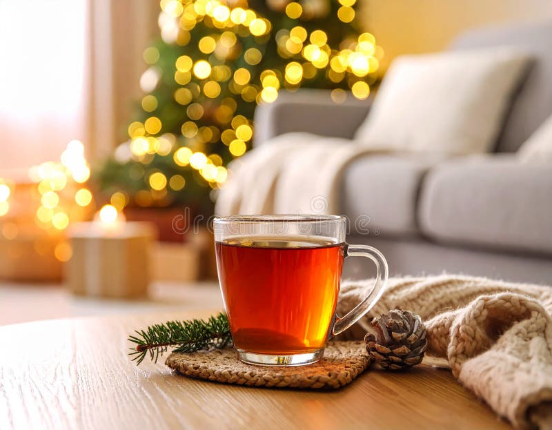 Glastasse frisch gebrühten Tee auf Holztisch im Wohnzimmer. Gemütliches Ambiente vektor abbildung
