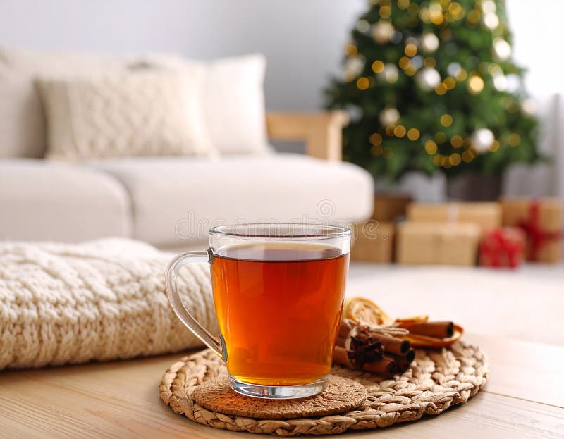 Glastasse frisch gebrühten Tee auf Holztisch im Wohnzimmer. Gemütliches Ambiente stock abbildung