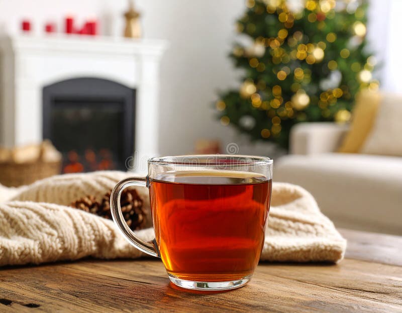 Glastasse frisch gebrühten Tee auf Holztisch im Wohnzimmer. Gemütliches Ambiente stock abbildung
