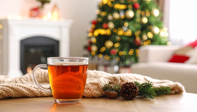 Glastasse frisch gebrühten Tee auf Holztisch im Wohnzimmer. Gemütliches Ambiente vektor abbildung