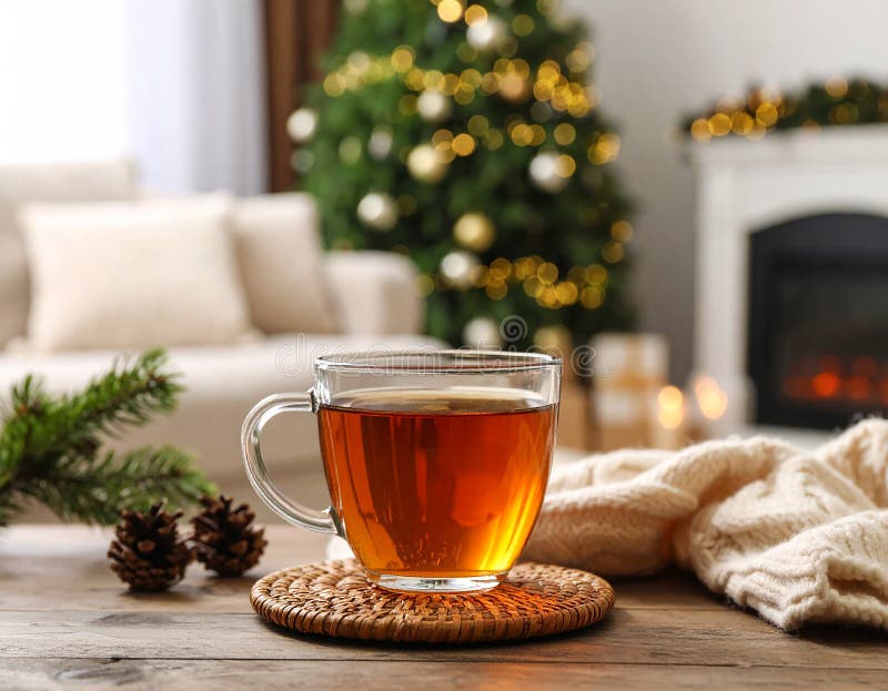 Glastasse frisch gebrühten Tee auf Holztisch im Wohnzimmer. Gemütliches Ambiente lizenzfreie abbildung