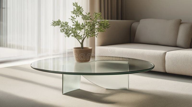 Glastisch mit einer Topfpflanze in der Mitte eines eleganten Wohnzimmers stockfotografie