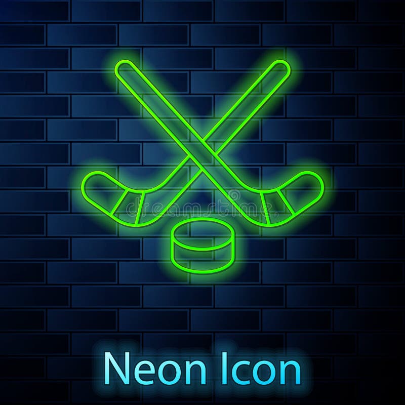 Glowing neon line Ice hockey sticks and puck icon isolated on brick wall background. Game start. Vector. Glowing neon line Ice hockey sticks and puck icon isolated on brick wall background. Game start. Vector.