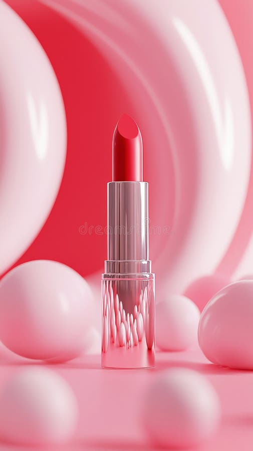 Glasögonläppstift i elegant metallhölje omgiven av rosa abstrakta former som visar skönhetsglamor royaltyfri illustrationer