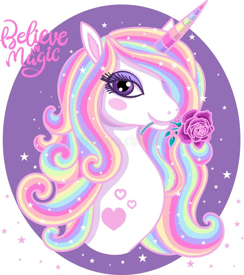 Glauben Sie an Magie Ein schönes, Regenbogeneinhorn mit einer Rose stock abbildung Glauben Sie an Magie Ein schönes, Regenbogeneinhorn mit einer Rose stock abbildung