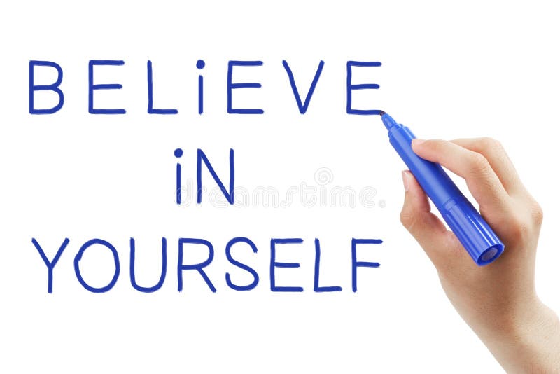 Hand writing Believe In Yourself with blue marker on transparent wipe board. Hand writing Believe In Yourself with blue marker on transparent wipe board.