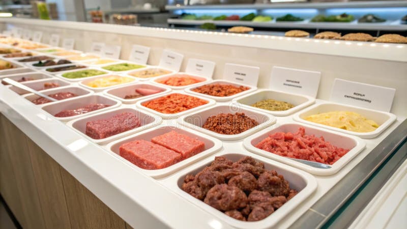 Glazed containers filled with labgrown meat samples aesthetically arranged on display.. stock image