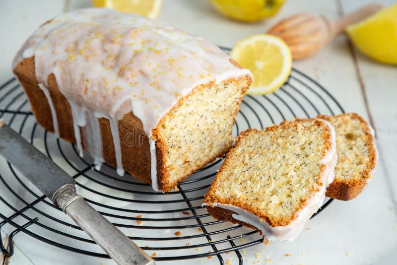 Glazed lemon pound cake loaf with poppy seed and lemon zest