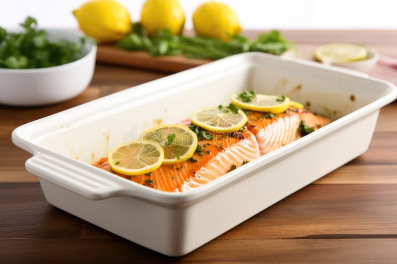 Glazed roasted salmon portion in a white ceramic broiler stock illustration