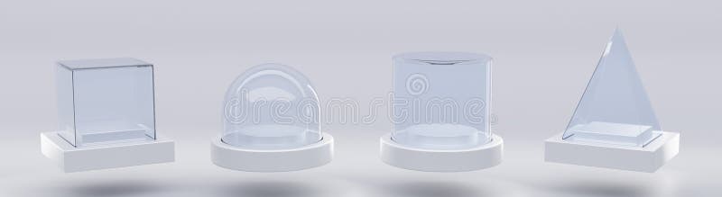 Glazen kubuscilinderbol of koepel op een witte standaard die op een grijze achtergrond is geïsoleerd. leeg maken