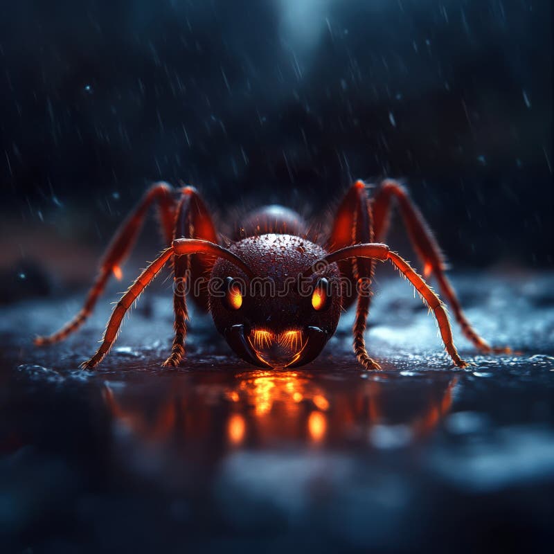 Gleaming fiery ant confronted by raindrops on a reflective surface. Perspective ant stock images, royalty-free photos and pictures