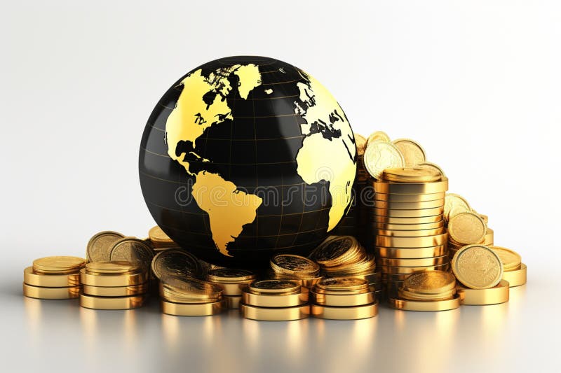 A Black and Gold Globe Surrounded by a Stack of Gold Coins Stock ...