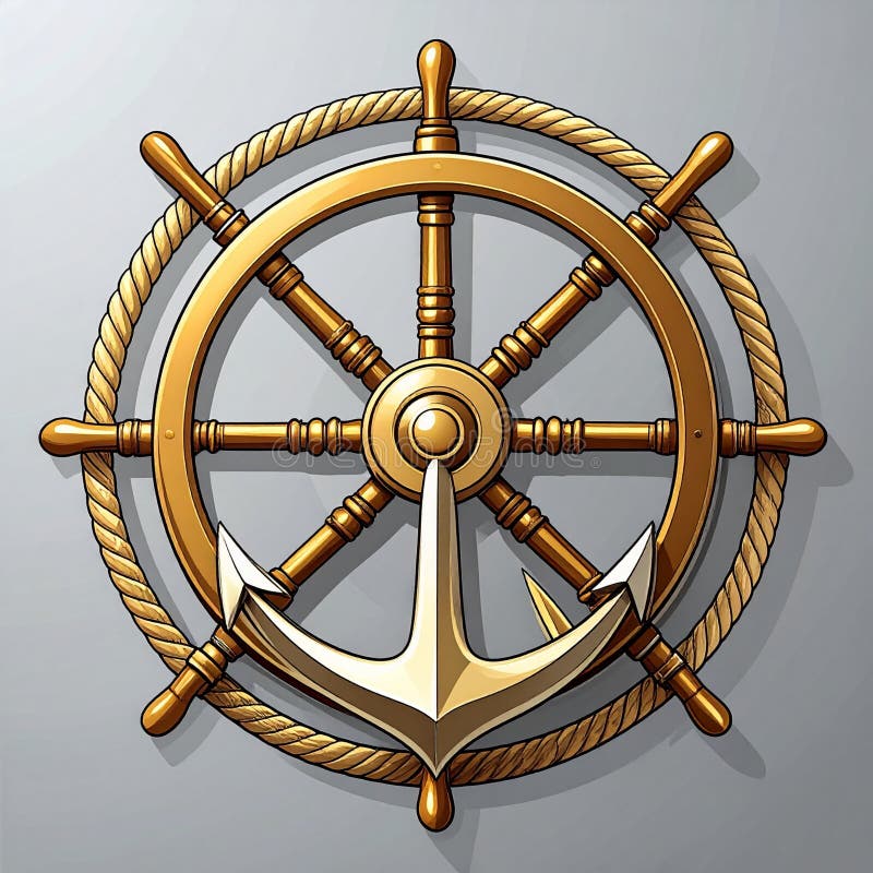 Golden Nautical Helm and Anchor Symbol vector illustration