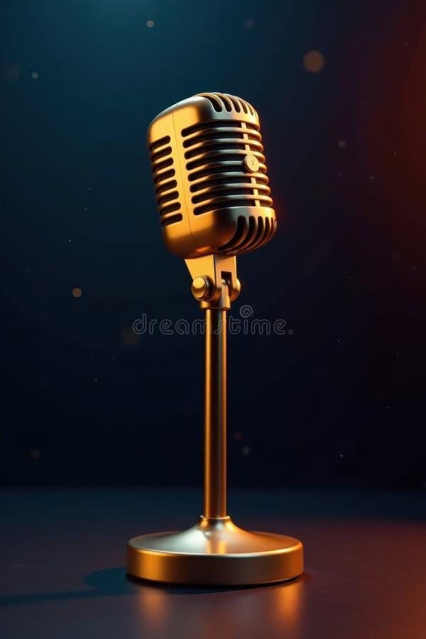 Gleaming golden microphone stands alone on dark stage , achievement, dark stock illustration