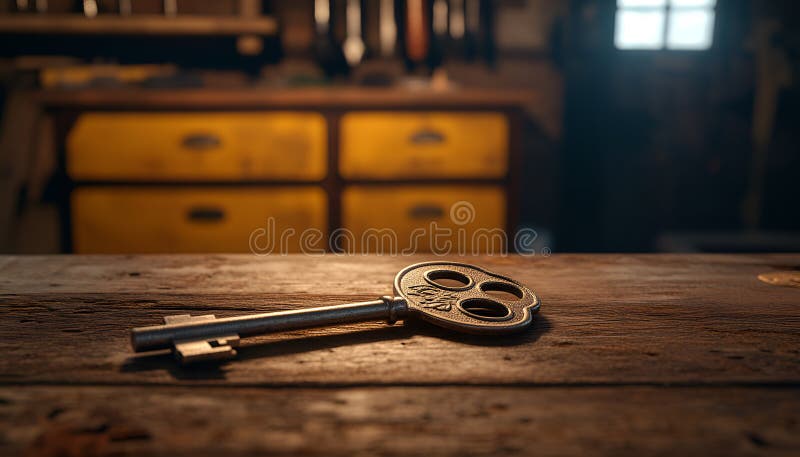 Gleaming silver key on rustic wooden counter in workshop setting with organized tools and key racks in the background. concept of security, precision craftsmanship, handy tools, ai generated