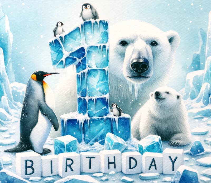 Gletschergrüße : Eisbär und Pinguin Geburtstag lizenzfreie abbildung