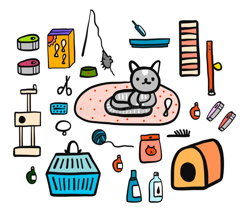 Gli accessori del gatto hanno fissato il minimalismo disegnato a mano dell'illustrazione per il promo e l'animale veterenary dell illustrazione vettoriale Gli accessori del gatto hanno fissato il minimalismo disegnato a mano dell'illustrazione per il promo e l'animale veterenary dell illustrazione vettoriale