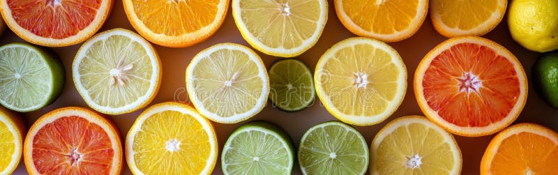 Gli agrumi colorati in modo vivace, comprese le arance, i limoni e le lime, sono ben tagliati e disposti in una lastra piatta. immagini stock