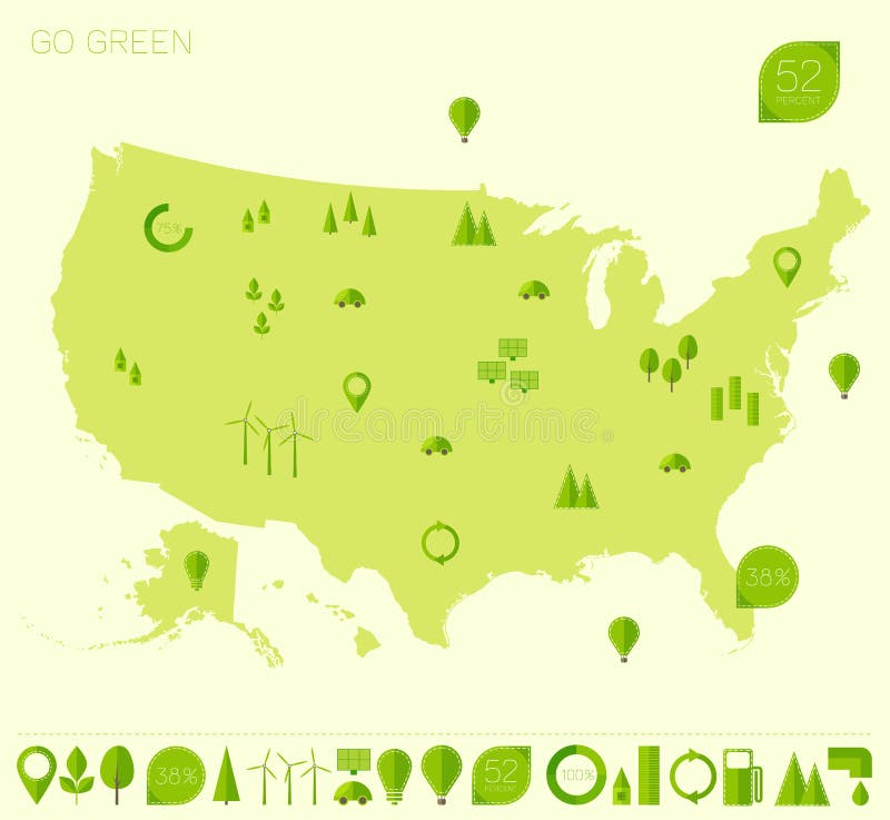 High detailed United States map with set of info graphics ecology eco elements and icons flat trendy vector illustration. High detailed United States map with set of info graphics ecology eco elements and icons flat trendy vector illustration