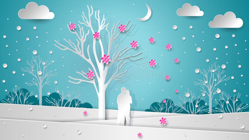 Gli amanti nei precedenti dell'inverno abbelliscono sotto un albero di fioritura Fiori e neve di volo Nuovo anno di carta di stru royalty illustrazione gratis Gli amanti nei precedenti dell'inverno abbelliscono sotto un albero di fioritura Fiori e neve di volo Nuovo anno di carta di stru royalty illustrazione gratis