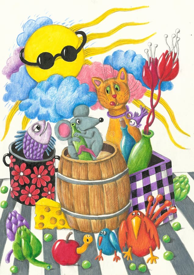 Acrylic illustrations funny animals have a party. Acrylic illustrations funny animals have a party