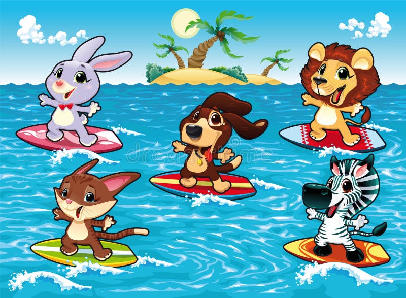 Gli animali divertenti stanno praticando il surfing nel mare. royalty illustrazione gratis Gli animali divertenti stanno praticando il surfing nel mare. royalty illustrazione gratis