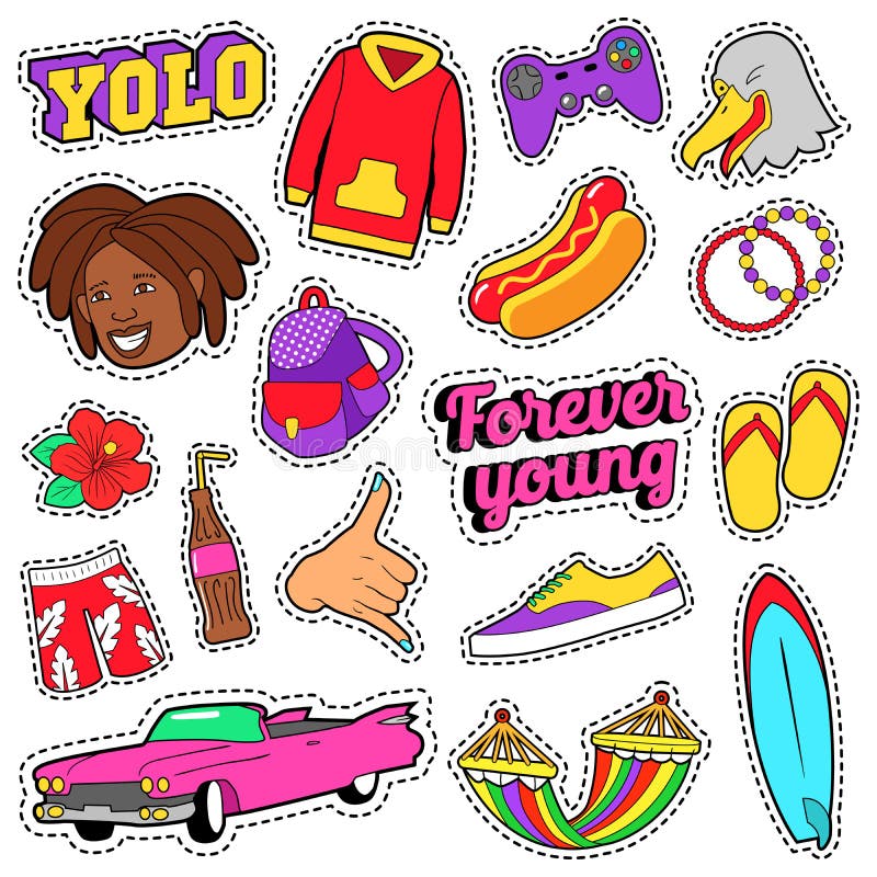 Gli anni dell'adolescenza adattano l'insieme con l'automobile rosa, gli alimenti a rapida preparazione ed i vestiti variopinti pe royalty illustrazione gratis Gli anni dell'adolescenza adattano l'insieme con l'automobile rosa, gli alimenti a rapida preparazione ed i vestiti variopinti pe royalty illustrazione gratis