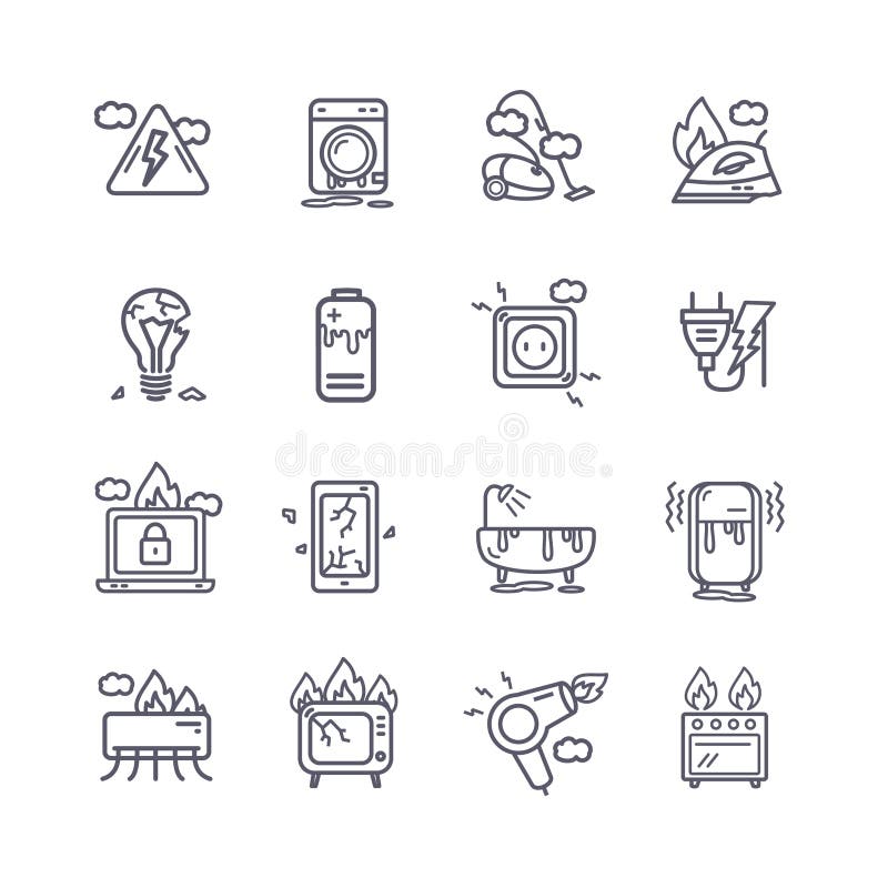 Broken Appliances Black Thin Line Icon Set Include of Tv, Phone and Laptop. Vector illustration of Icons. Broken Appliances Black Thin Line Icon Set Include of Tv, Phone and Laptop. Vector illustration of Icons