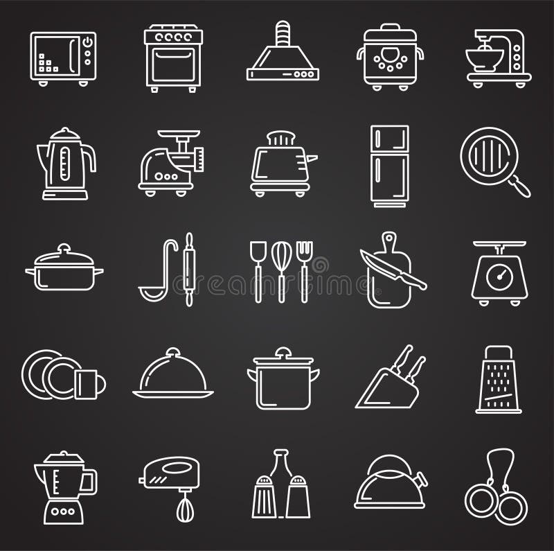 Kitchen appliances line icons set on black background for graphic and web design, Modern simple vector sign. Internet concept. Trendy symbol for website design web button or mobile app. Kitchen appliances line icons set on black background for graphic and web design, Modern simple vector sign. Internet concept. Trendy symbol for website design web button or mobile app