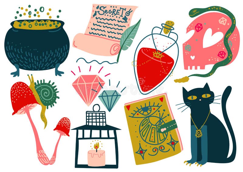 Gli oggetti magici hanno messo, simboli di mistero della strega, illustrazione magica di vettore dell'attrezzatura di manifestazi royalty illustrazione gratis Gli oggetti magici hanno messo, simboli di mistero della strega, illustrazione magica di vettore dell'attrezzatura di manifestazi royalty illustrazione gratis