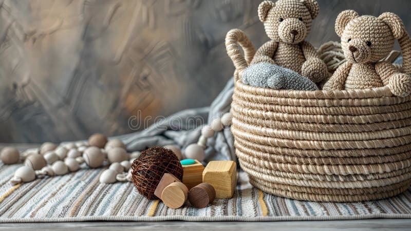 Gli orsi di ardesia morbidi sono seduti in un cestello intessuto accanto a blocchi di legno colorati e a elementi decorativi che c video d archivio