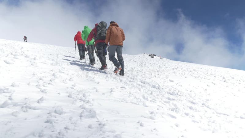 Gli scalatori vanno su alla cima su un pendio nevoso un giorno soleggiato piacevole Nonte Elbrus, movimento lento di Caucaso