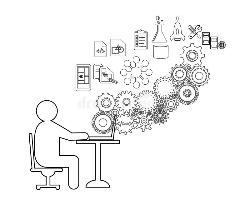 Gli sviluppatori di software o le free lance stanno codificando, inoltre rappresentano i requisiti di affari di una riunione dell royalty illustrazione gratis