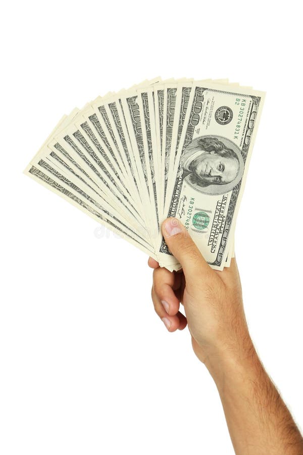 Gli uomini passano a tenuta cento banconote in dollari su fondo bianco fotografie stock Gli uomini passano a tenuta cento banconote in dollari su fondo bianco fotografie stock