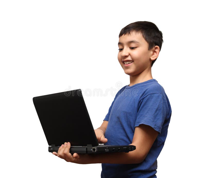 Glimlachende Aziatische jongen met laptop royalty-vrije stock fotografie Glimlachende Aziatische jongen met laptop royalty-vrije stock fotografie