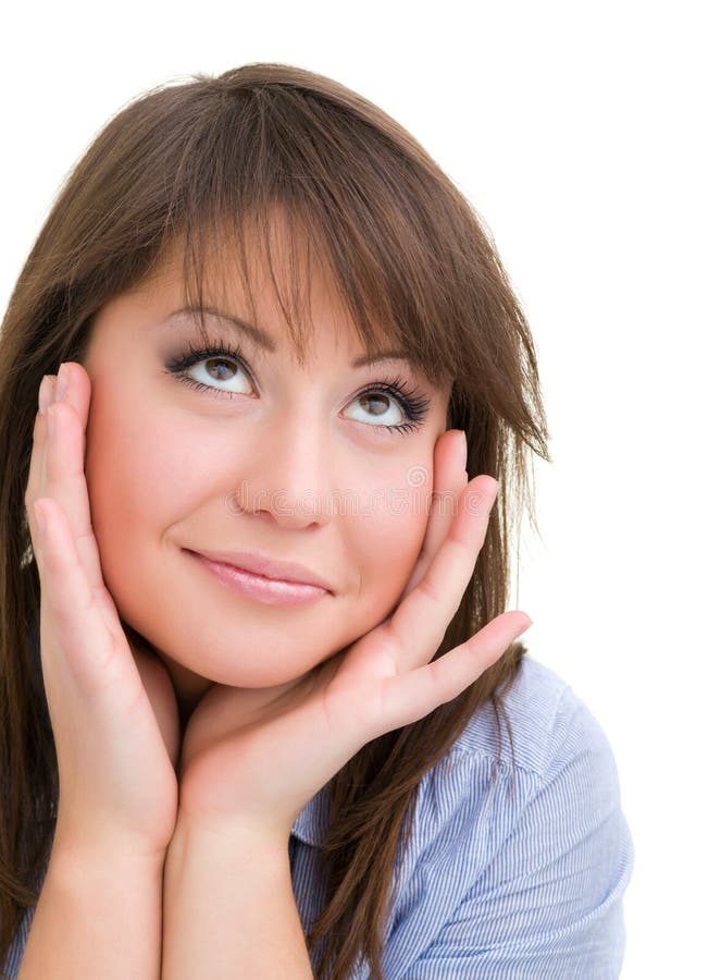 Glimlachende denkende vrouw die omhoog kijkt stock afbeelding Glimlachende denkende vrouw die omhoog kijkt stock afbeelding