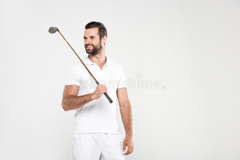 glimlachende golfspeler in witte sportkleding met golfclub stock foto glimlachende golfspeler in witte sportkleding met golfclub stock foto