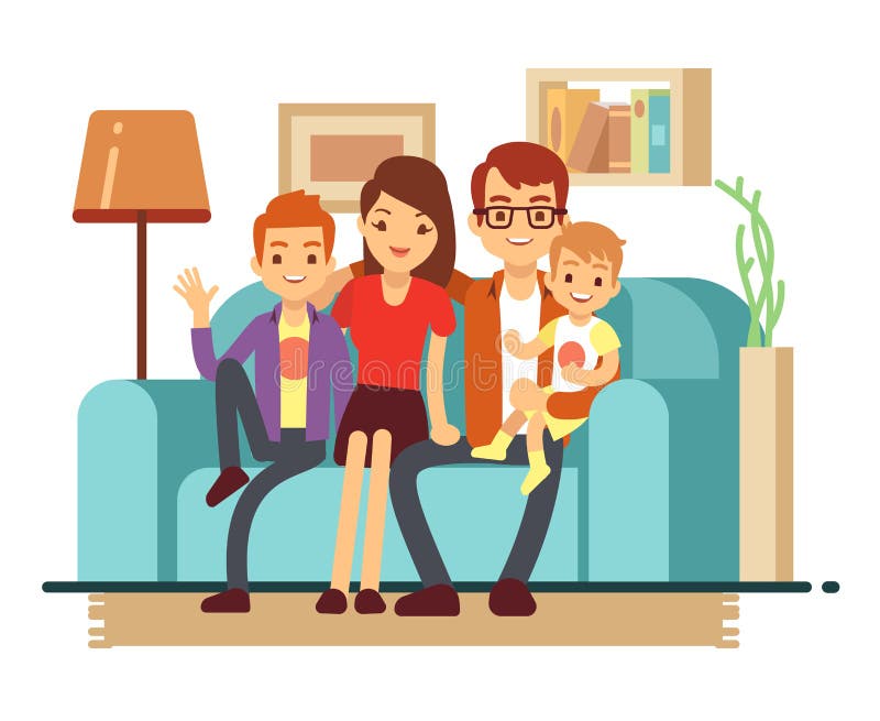 Glimlachende jonge gelukkige familie op bank Man, vrouw en hun kinderen in woonkamer vectorillustratie stock illustratie Glimlachende jonge gelukkige familie op bank Man, vrouw en hun kinderen in woonkamer vectorillustratie stock illustratie
