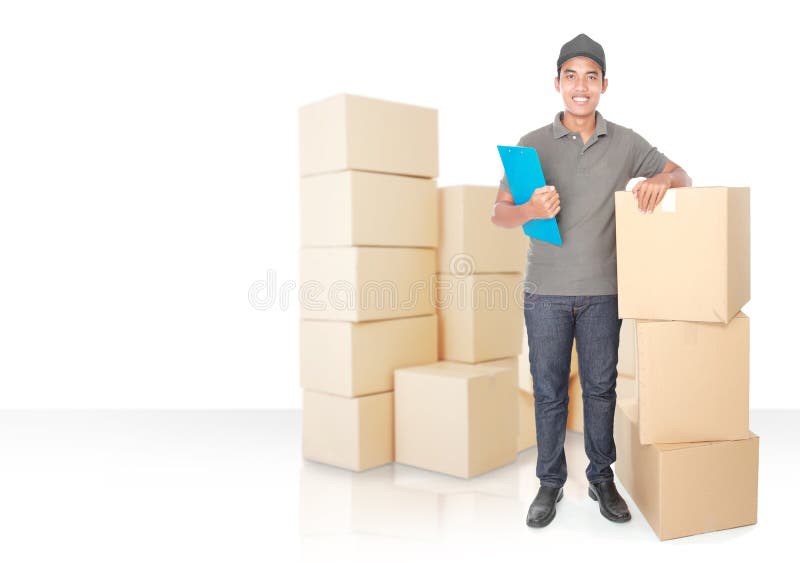 Smiling young delivery man with a lot of cardbox package. Smiling young delivery man with a lot of cardbox package