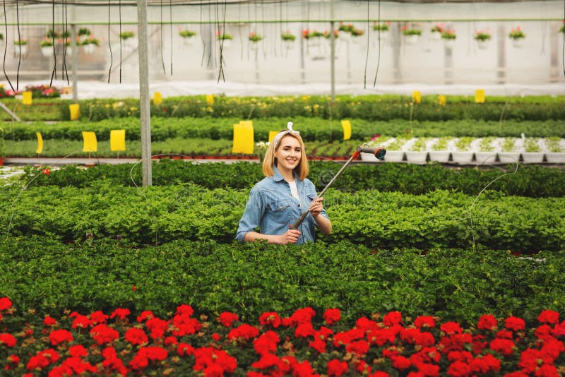 Glimlachende mooie jonge vrouw die zich in oranjerie en het water geven installaties bevinden stock foto's Glimlachende mooie jonge vrouw die zich in oranjerie en het water geven installaties bevinden stock foto's