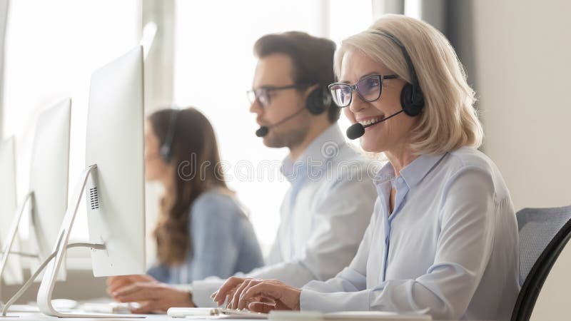 Glimlachende oude vrouwelijke call centreagent in hoofdtelefoon raadplegende cliënt