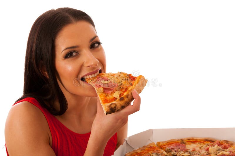 Glimlachende vrouw die heerlijke pizza in kartondoos houden stock afbeeldingen Glimlachende vrouw die heerlijke pizza in kartondoos houden stock afbeeldingen