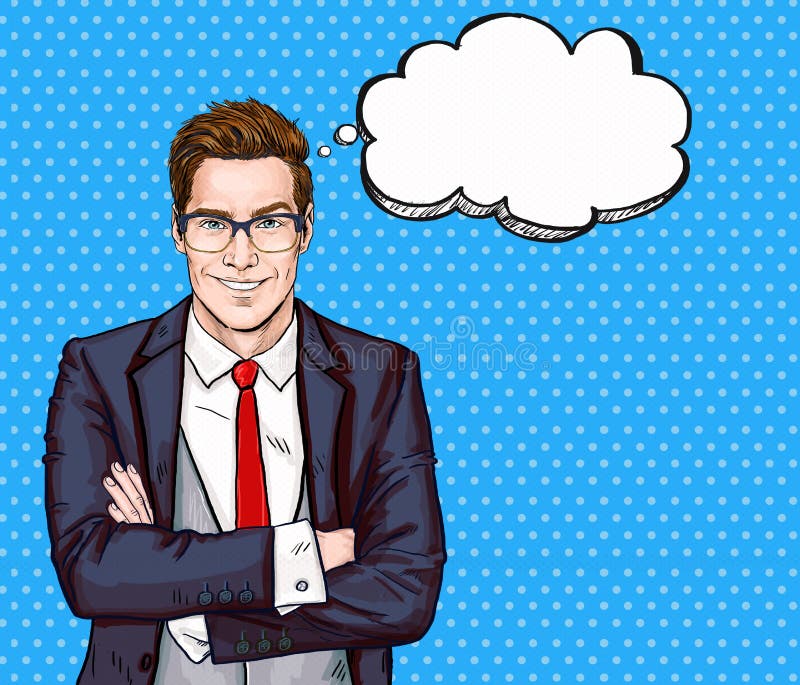 Glimlachende Zakenman in glazen in grappige stijl met toespraakbel Succes stock illustratie Glimlachende Zakenman in glazen in grappige stijl met toespraakbel Succes stock illustratie