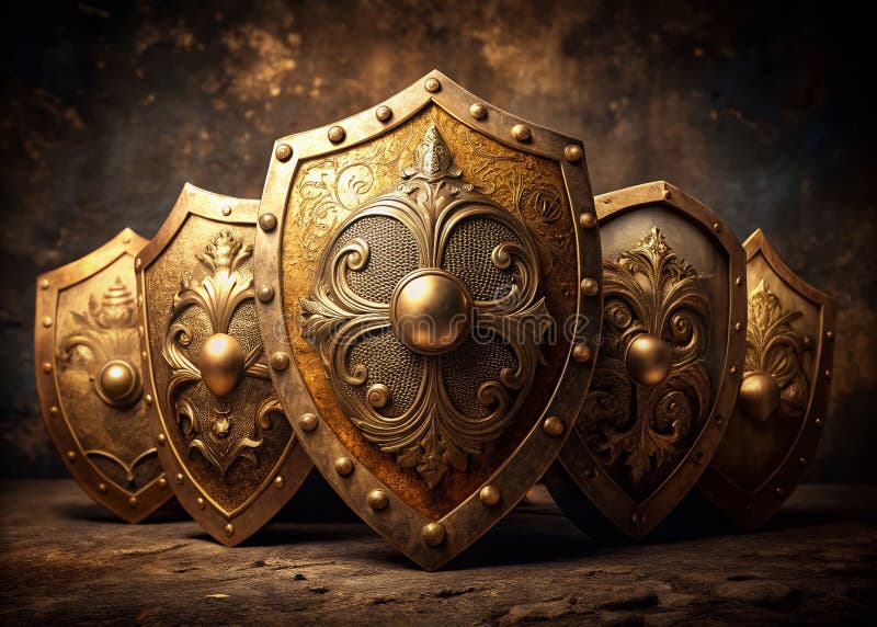 A Glimmering Collection of Vintage Golden Shields Explore Antique Heraldic Emblems and Badges a Timeless Treasury of royalty free illustration