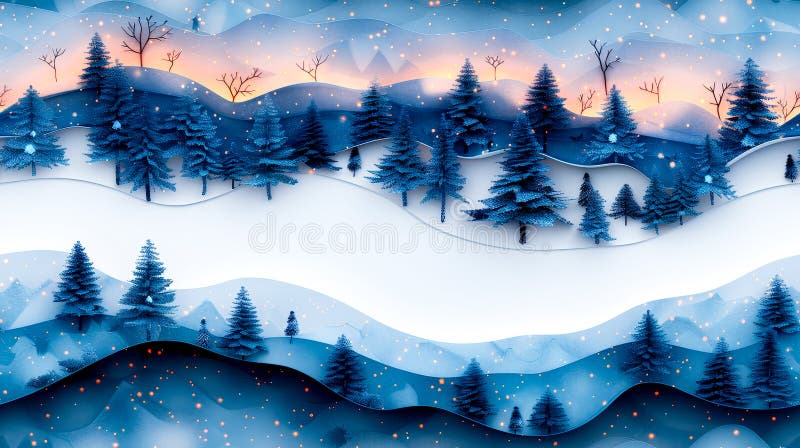 Glimmering snow blankets the ground in a tranquil winter forest, where towering pine trees stand tall royalty free illustration