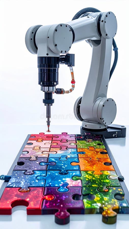 AI Robot Solving a Complex Luminous Puzzle royalty free illustration