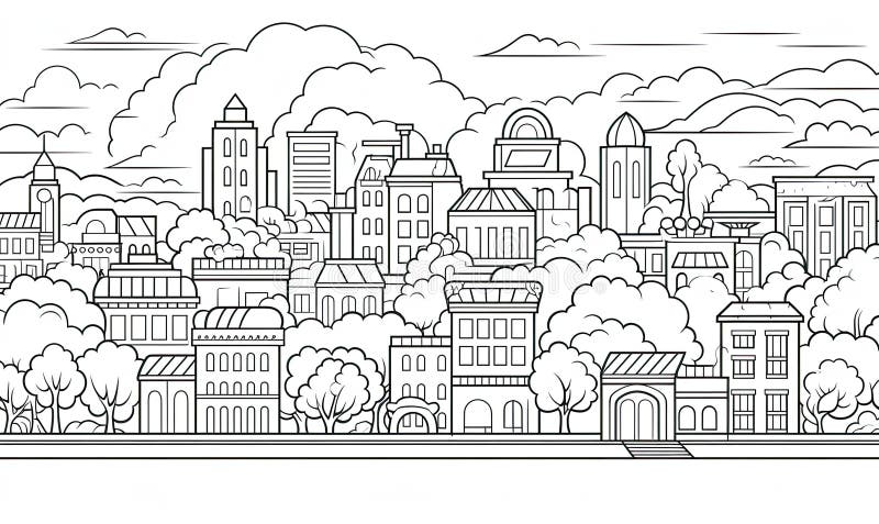 A Black and White Drawing of a City Stock Illustration - Illustration ...