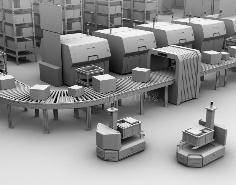 Clay model rendering of a self driving forklift AGV Automatic guided vehicle near conveyor. 3D rendering image. Clay model rendering of a self driving forklift AGV Automatic guided vehicle near conveyor. 3D rendering image.