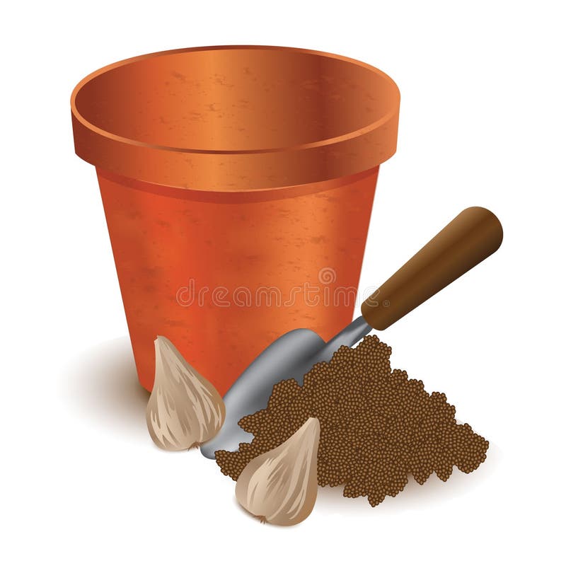 Illustration of a clay pot shovel adn bulbs. Illustration of a clay pot shovel adn bulbs