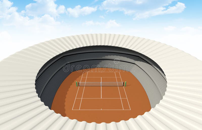 An orange clay tennis court in a stadium in the daytime. An orange clay tennis court in a stadium in the daytime